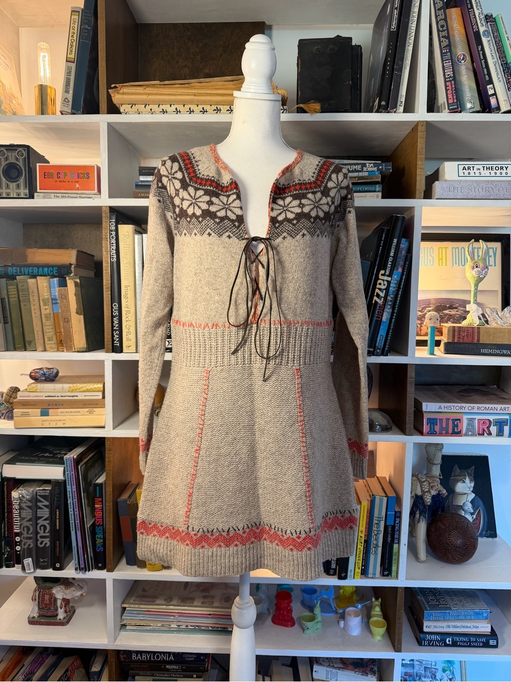 Knit Fair Isle Lace-Up Sweater Dress in Beige and Coral